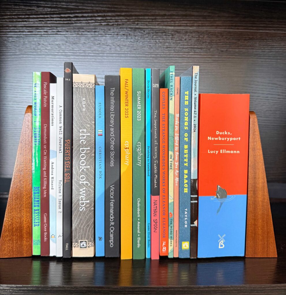 Caitlin's book haul from AWP. The books are standing neatly on a table with their spines out between two wooden book ends.