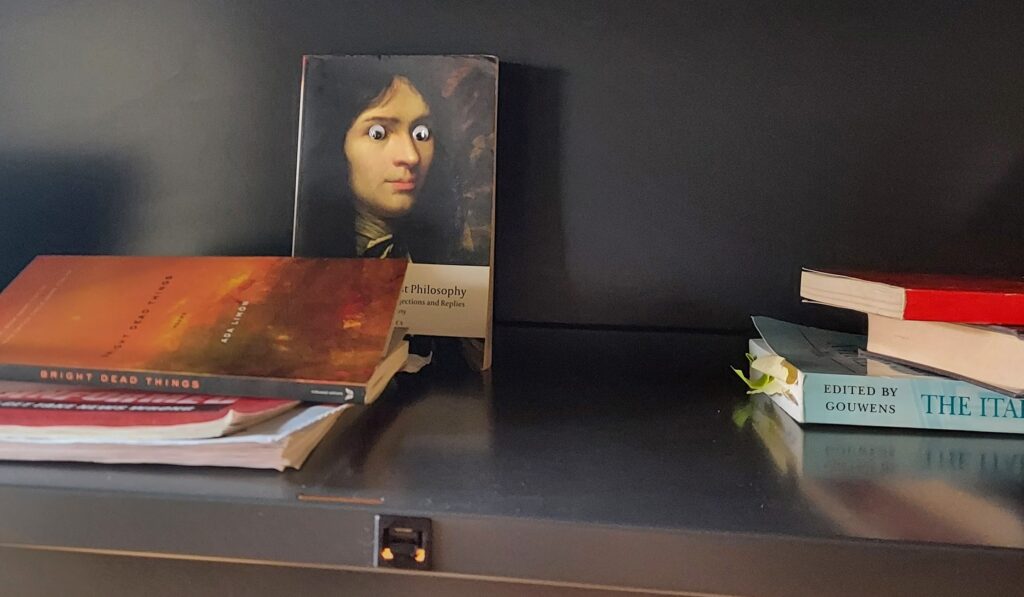 Mel's desk in her office at WVU grad school featuring a Rene Descartes book with googly eyes looking down over other random books.