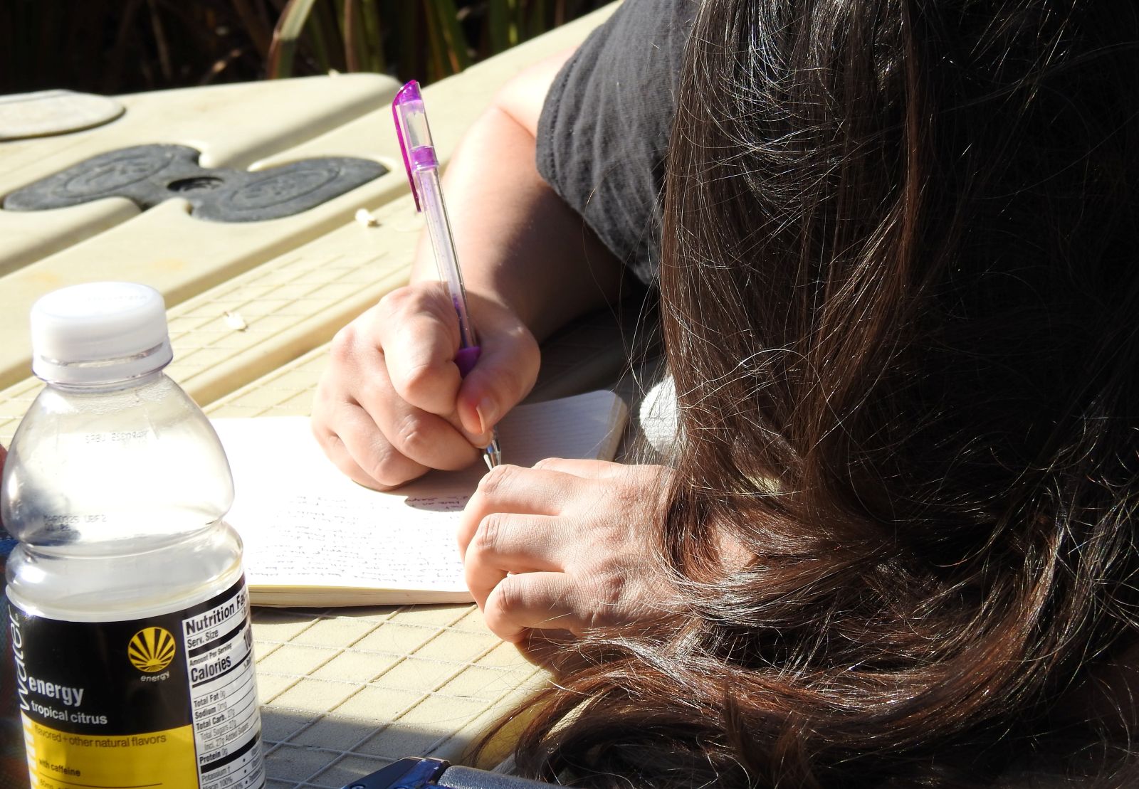 Close up of a woman with dark hair (Mel) writing in a journal using a pink pen with a bottle of vitamin water nearby.